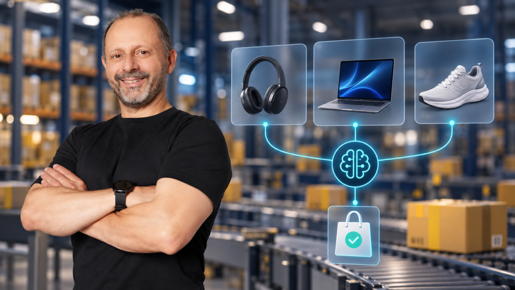 Néstor Arranz, de Neurolab eCommerce 360, junto a una representación de agentes de IA que comparan productos en marketplaces como Amazon y Mercado Libre.