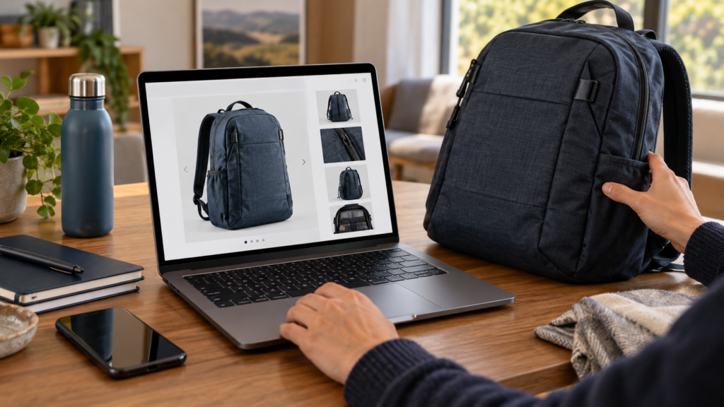 Una persona compara una mochila con sus imágenes y detalles en una página de producto de comercio electrónico.