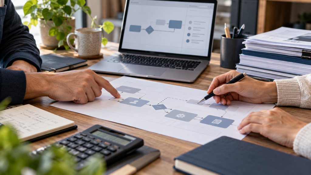 Manos revisando un diagrama de procesos junto a una computadora portátil y una calculadora.