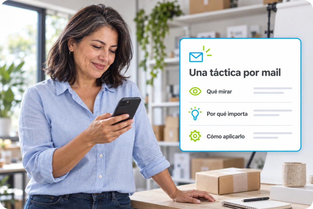 Vendedora leyendo en su celular el newsletter de Neurolab con tácticas para su cuenta de Mercado Libre.