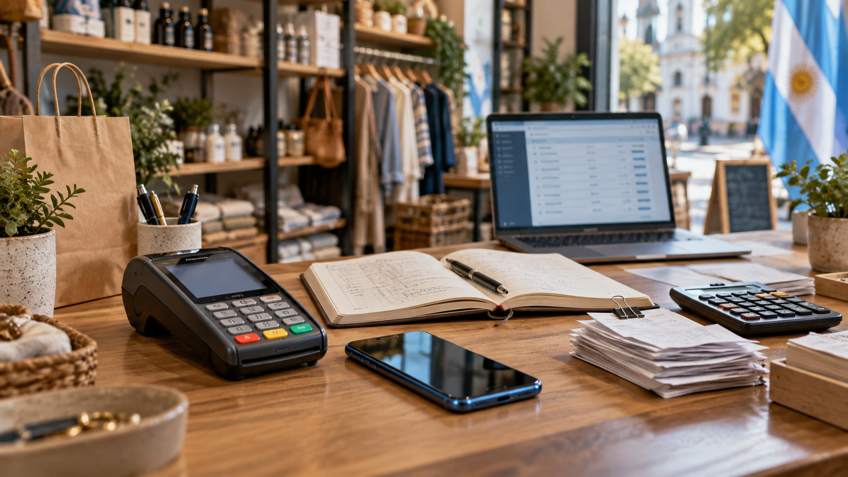 Terminal de cobro, celular, computadora y cuaderno sobre el mostrador de un comercio.