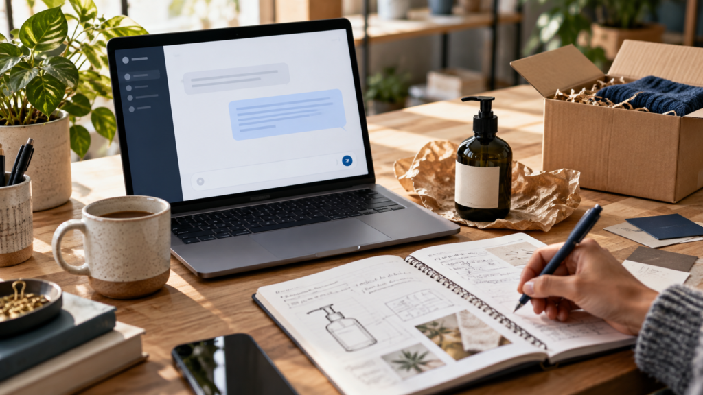 Computadora con un asistente de inteligencia artificial y una mano revisando notas de producto sobre un escritorio.