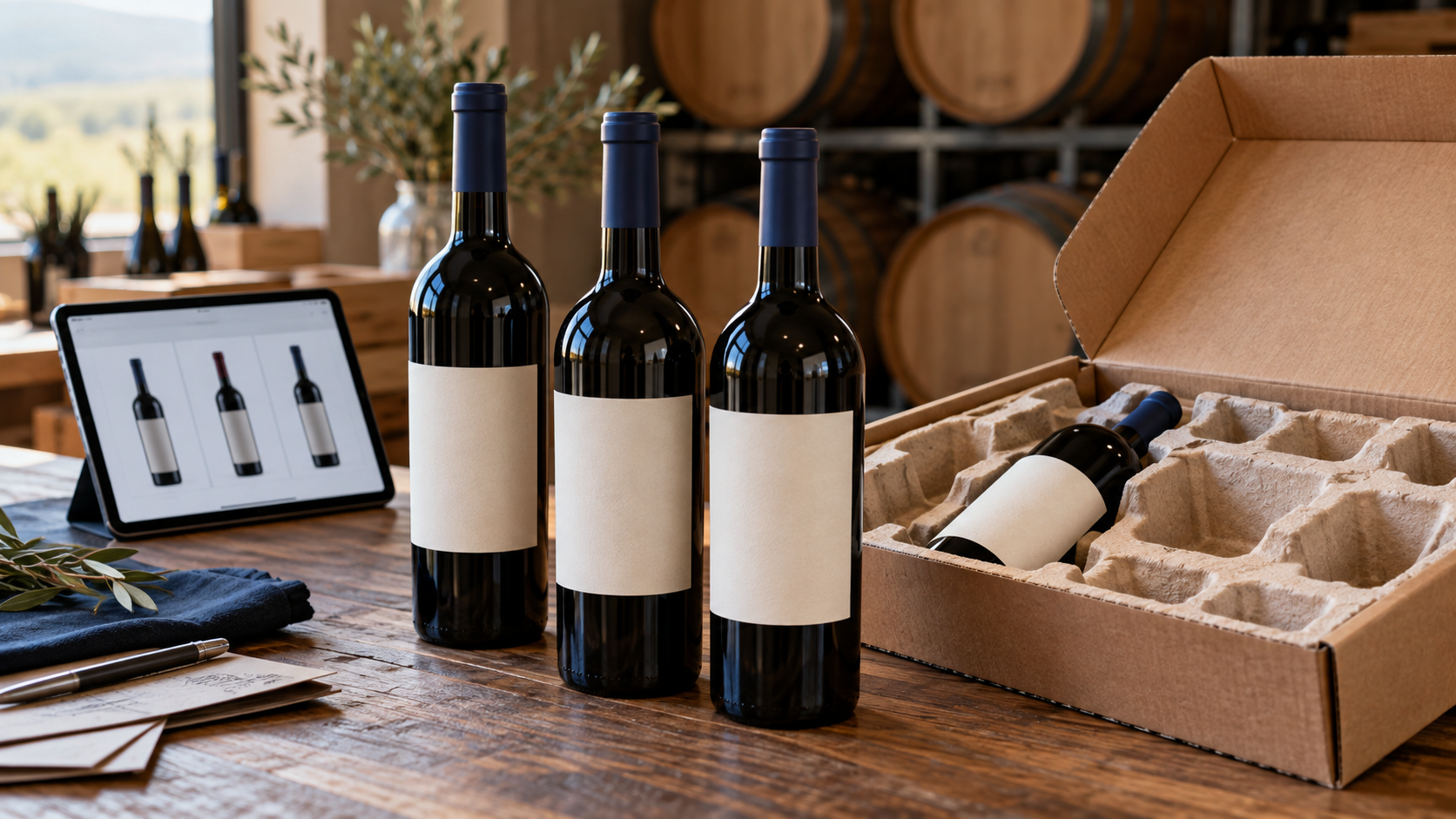 Botellas de vino, caja protectora para envíos y tablet con un catálogo sobre una mesa de bodega.